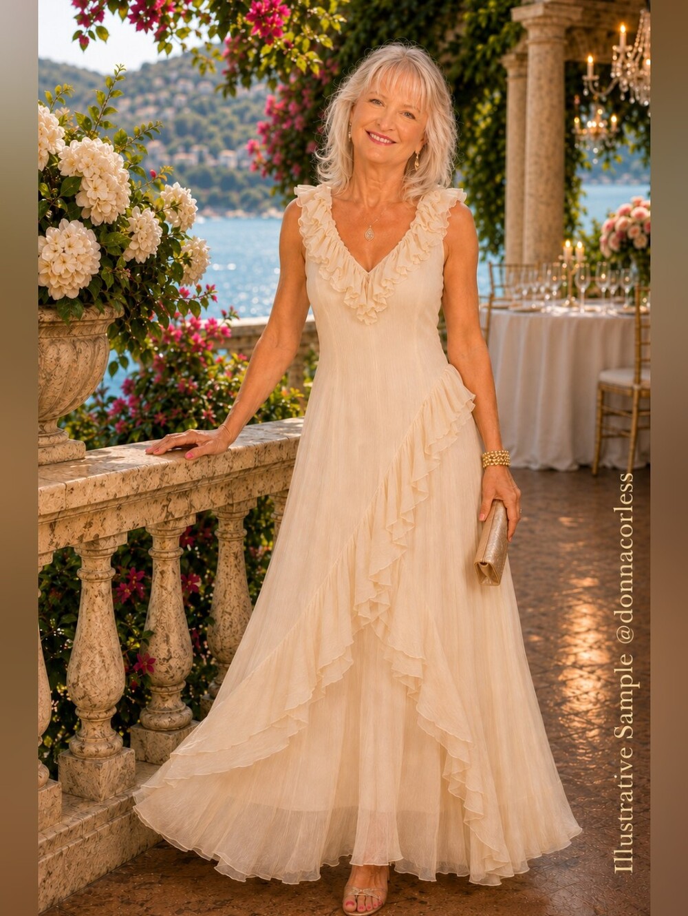 Lauren Ralph Lauren Ivory 100% Silk Ruffle Maxi Gown Dress 12 NWT